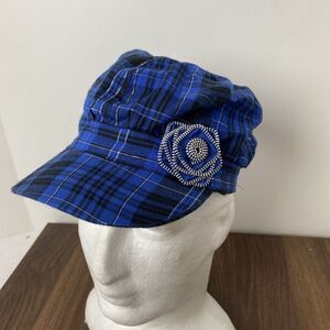 Justice Blue Plaid Hat Cap Glitter Flower Tween Small Fashion